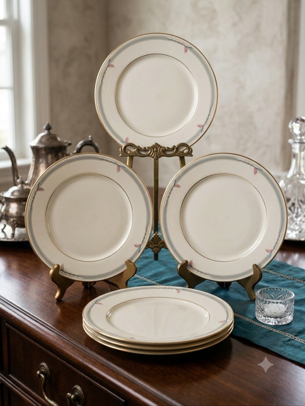 Lenox Gramercy Cream Porcelain Dinner Plates with Gold Trim and Pink Floral